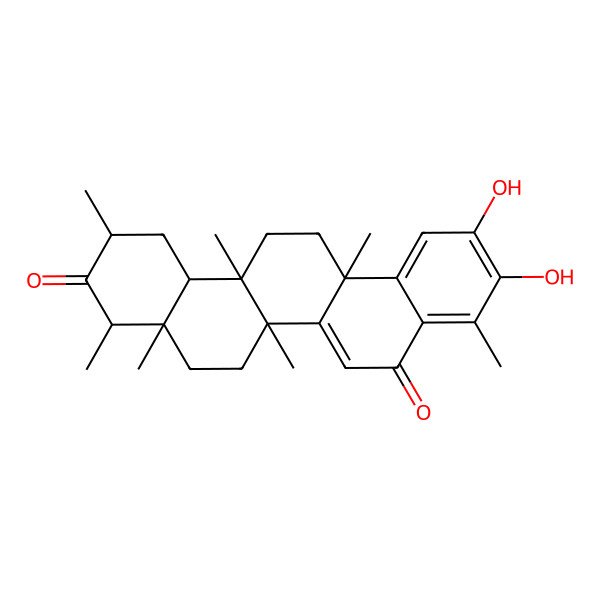 2D Structure of (2R,4S,4aR,6aR,6aS,14aS,14bR)-10,11-dihydroxy-2,4,4a,6a,6a,9,14a-heptamethyl-1,2,4,5,6,13,14,14b-octahydropicene-3,8-dione