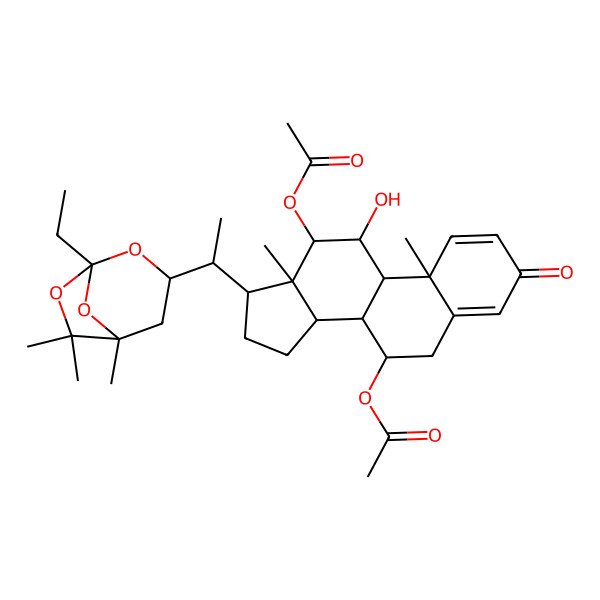 2D Structure of [12-Acetyloxy-17-[1-(1-ethyl-5,6,6-trimethyl-2,7,8-trioxabicyclo[3.2.1]octan-3-yl)ethyl]-11-hydroxy-10,13-dimethyl-3-oxo-6,7,8,9,11,12,14,15,16,17-decahydrocyclopenta[a]phenanthren-7-yl] acetate