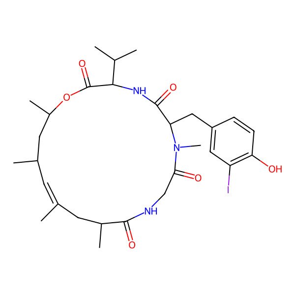 2D Structure of (3S,6S,12S,14Z,16R,18S)-6-[(4-hydroxy-3-iodophenyl)methyl]-7,12,14,16,18-pentamethyl-3-propan-2-yl-1-oxa-4,7,10-triazacyclooctadec-14-ene-2,5,8,11-tetrone