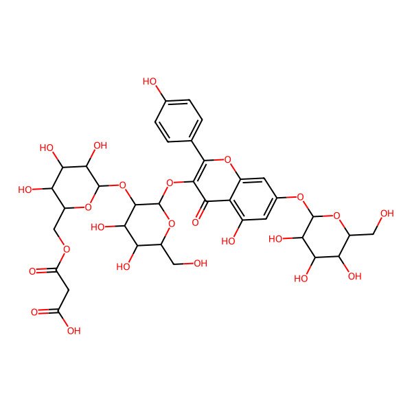 2D Structure of 3-[[(2R,3S,4S,5R,6S)-6-[(2S,3R,4S,5S,6R)-4,5-dihydroxy-2-[5-hydroxy-2-(4-hydroxyphenyl)-4-oxo-7-[(2S,3R,4S,5S,6R)-3,4,5-trihydroxy-6-(hydroxymethyl)oxan-2-yl]oxychromen-3-yl]oxy-6-(hydroxymethyl)oxan-3-yl]oxy-3,4,5-trihydroxyoxan-2-yl]methoxy]-3-oxopropanoic acid
