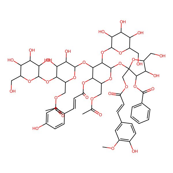 2D Structure of [(2S,3S,4R,5R)-2-[(2R,3R,4S,5R,6R)-6-(acetyloxymethyl)-4-[(2R,3R,4R,5S,6R)-6-(acetyloxymethyl)-3,4-dihydroxy-5-[(2S,3R,4S,5S,6R)-3,4,5-trihydroxy-6-(hydroxymethyl)oxan-2-yl]oxyoxan-2-yl]oxy-5-[(E)-3-(4-hydroxyphenyl)prop-2-enoyl]oxy-3-[(2S,3R,4S,5S,6R)-3,4,5-trihydroxy-6-(hydroxymethyl)oxan-2-yl]oxyoxan-2-yl]oxy-4-hydroxy-2-[[(E)-3-(4-hydroxy-3-methoxyphenyl)prop-2-enoyl]oxymethyl]-5-(hydroxymethyl)oxolan-3-yl] benzoate