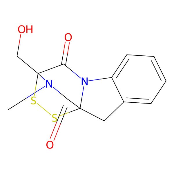 2D Structure of 11-(Hydroxymethyl)-15-methyl-12,13-dithia-9,15-diazatetracyclo[9.2.2.01,9.03,8]pentadeca-3,5,7-triene-10,14-dione