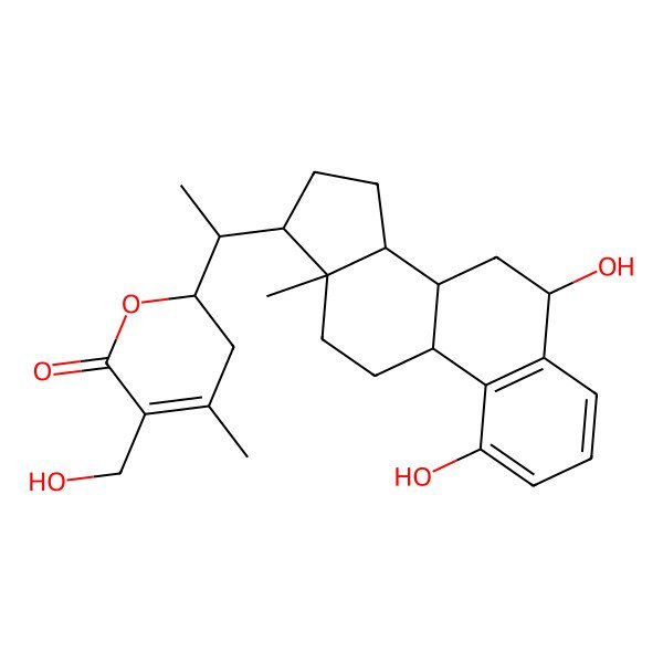 2D Structure of (2R)-2-[(1S)-1-[(6R,8R,9R,13S,14R,17R)-1,6-dihydroxy-13-methyl-6,7,8,9,11,12,14,15,16,17-decahydrocyclopenta[a]phenanthren-17-yl]ethyl]-5-(hydroxymethyl)-4-methyl-2,3-dihydropyran-6-one