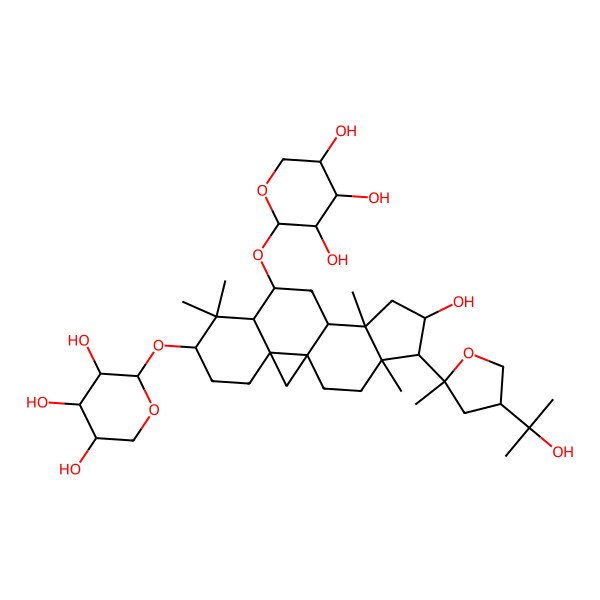 2D Structure of (2S,3R,4S,5R)-2-[[(1S,3R,6S,8R,9S,11S,12S,14S,15R,16R)-14-hydroxy-15-[(2R,4R)-4-(2-hydroxypropan-2-yl)-2-methyloxolan-2-yl]-7,7,12,16-tetramethyl-9-[(2S,3R,4S,5R)-3,4,5-trihydroxyoxan-2-yl]oxy-6-pentacyclo[9.7.0.01,3.03,8.012,16]octadecanyl]oxy]oxane-3,4,5-triol