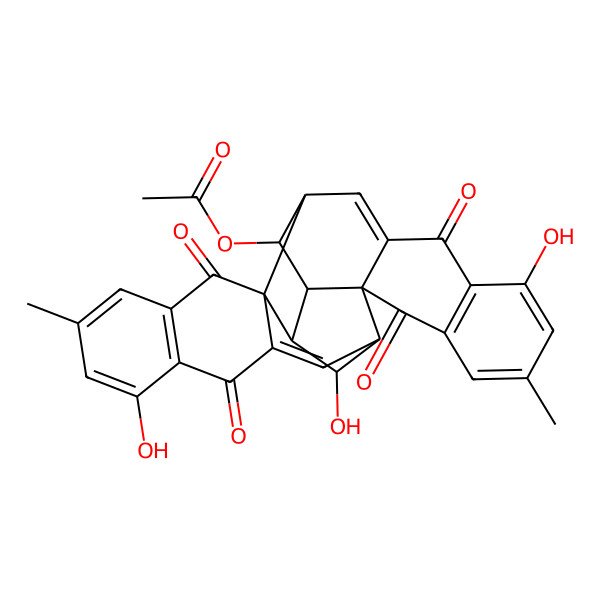 2D Structure of (8,23,28-Trihydroxy-6,21-dimethyl-3,10,18,25-tetraoxo-14-octacyclo[14.11.1.02,11.02,15.04,9.013,17.017,26.019,24]octacosa-4(9),5,7,11,19(24),20,22,26-octaenyl) acetate