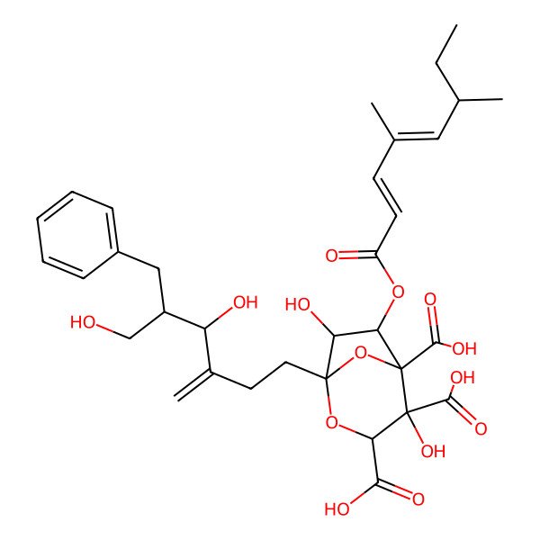 2D Structure of 1-(5-Benzyl-4,6-dihydroxy-3-methylidenehexyl)-6-(4,6-dimethylocta-2,4-dienoyloxy)-4,7-dihydroxy-2,8-dioxabicyclo[3.2.1]octane-3,4,5-tricarboxylic acid