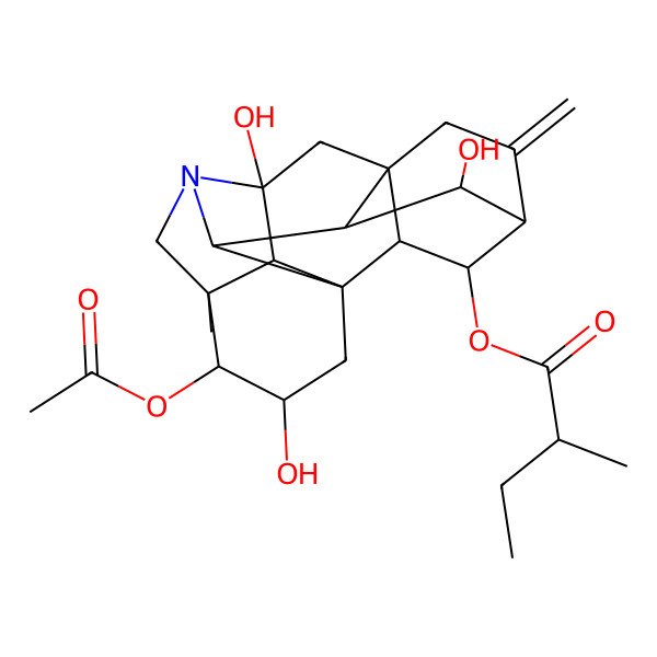 2D Structure of (4-Acetyloxy-3,10,16-trihydroxy-5-methyl-12-methylidene-7-azaheptacyclo[9.6.2.01,8.05,17.07,16.09,14.014,18]nonadecan-19-yl) 2-methylbutanoate