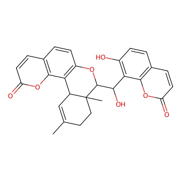 2D Structure of 2H,8H-[2]Benzopyrano[3,4-h]-1-benzopyran-2-one, 8a,9,10,12a-tetrahydro-8-[hydroxy(7-hydroxy-2-oxo-2H-1-benzopyran-8-yl)methyl]-8a,11-dimethyl-