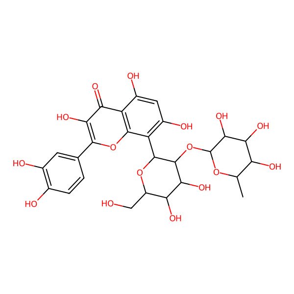 2D Structure of 8-[(2S,3R,4S,5S,6R)-4,5-dihydroxy-6-(hydroxymethyl)-3-[(2S,3S,4R,5R,6S)-3,4,5-trihydroxy-6-methyloxan-2-yl]oxyoxan-2-yl]-2-(3,4-dihydroxyphenyl)-3,5,7-trihydroxychromen-4-one