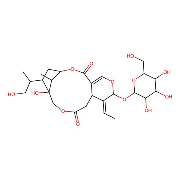 2D Structure of (8Z)-8-ethylidene-14-hydroxy-15-(1-hydroxypropan-2-yl)-17-methyl-7-[(2S,3R,4S,5S,6R)-3,4,5-trihydroxy-6-(hydroxymethyl)oxan-2-yl]oxy-2,6,12-trioxatricyclo[12.2.1.04,9]heptadec-4-ene-3,11-dione