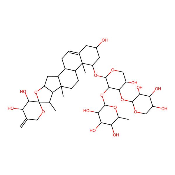 2D Structure of 14-[5-Hydroxy-3-(3,4,5-trihydroxy-6-methyloxan-2-yl)oxy-4-(3,4,5-trihydroxyoxan-2-yl)oxyoxan-2-yl]oxy-7,9,13-trimethyl-5'-methylidenespiro[5-oxapentacyclo[10.8.0.02,9.04,8.013,18]icos-18-ene-6,2'-oxane]-3',4',16-triol
