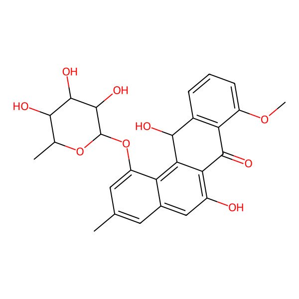 2D Structure of 6,12-dihydroxy-8-methoxy-3-methyl-1-(3,4,5-trihydroxy-6-methyloxan-2-yl)oxy-12H-benzo[a]anthracen-7-one