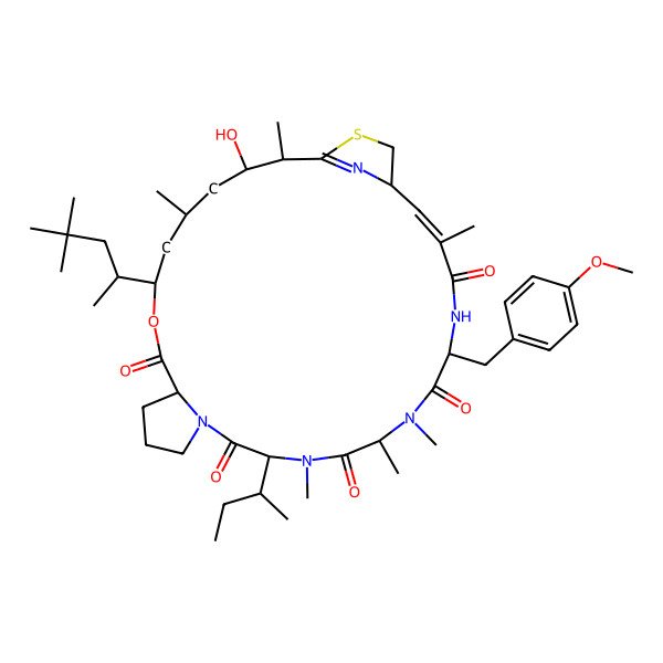 2D Structure of (2S,3S,5S,7S,10S,16S,19S,22S,27S)-16-[(2S)-butan-2-yl]-7-[(2S)-4,4-dimethylpentan-2-yl]-3-hydroxy-22-[(4-methoxyphenyl)methyl]-2,5,17,19,20,25-hexamethyl-8-oxa-29-thia-14,17,20,23,30-pentazatricyclo[25.2.1.010,14]triaconta-1(30),25-diene-9,15,18,21,24-pentone