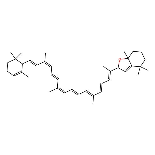 2D Structure of (2R,7aR)-4,4,7a-trimethyl-2-[(2E,4E,6E,8E,10E,12E,14E,16E)-6,11,15-trimethyl-17-[(1R)-2,6,6-trimethylcyclohex-2-en-1-yl]heptadeca-2,4,6,8,10,12,14,16-octaen-2-yl]-2,5,6,7-tetrahydro-1-benzofuran