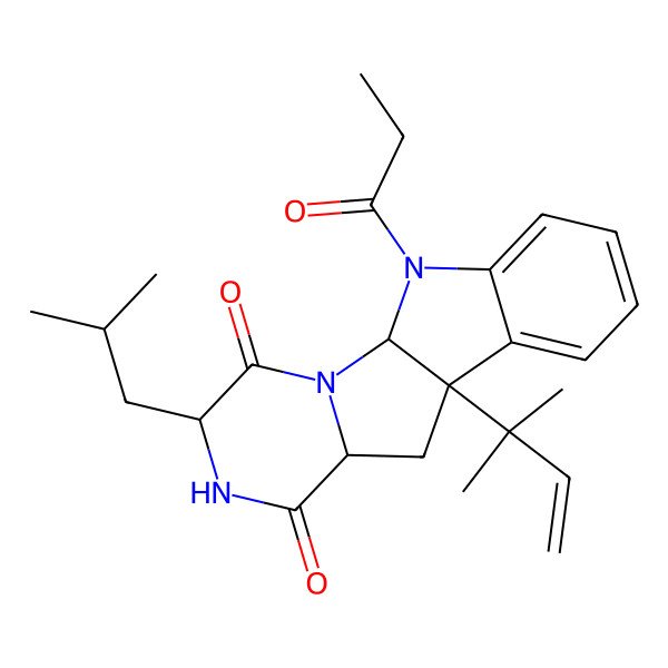2D Structure of 9-(2-Methylbut-3-en-2-yl)-4-(2-methylpropyl)-16-propanoyl-2,5,16-triazatetracyclo[7.7.0.02,7.010,15]hexadeca-10,12,14-triene-3,6-dione