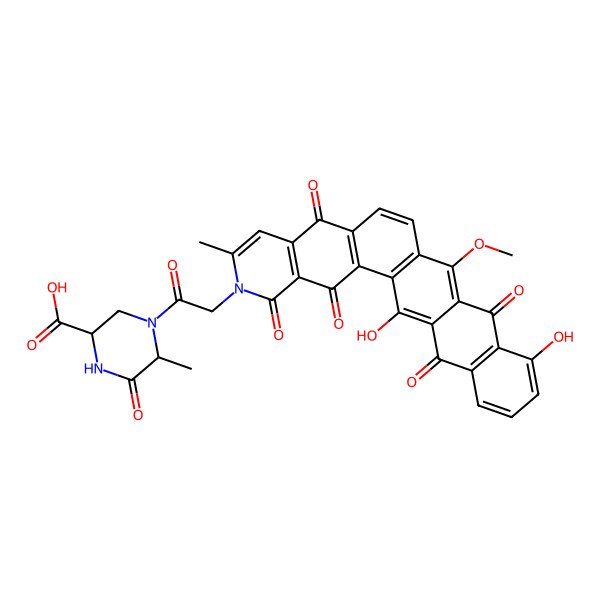 2D Structure of (2S,5S)-4-[2-(19,26-dihydroxy-15-methoxy-7-methyl-3,5,10,17,24-pentaoxo-6-azahexacyclo[12.12.0.02,11.04,9.016,25.018,23]hexacosa-1(14),2(11),4(9),7,12,15,18(23),19,21,25-decaen-6-yl)acetyl]-5-methyl-6-oxopiperazine-2-carboxylic acid