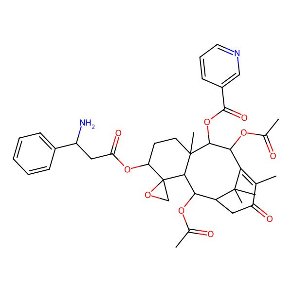 2D Structure of [(1'R,2R,2'R,3'R,5'S,8'R,9'R,10'R)-2',10'-diacetyloxy-5'-[(3S)-3-amino-3-phenylpropanoyl]oxy-8',12',15',15'-tetramethyl-13'-oxospiro[oxirane-2,4'-tricyclo[9.3.1.03,8]pentadec-11-ene]-9'-yl] pyridine-3-carboxylate