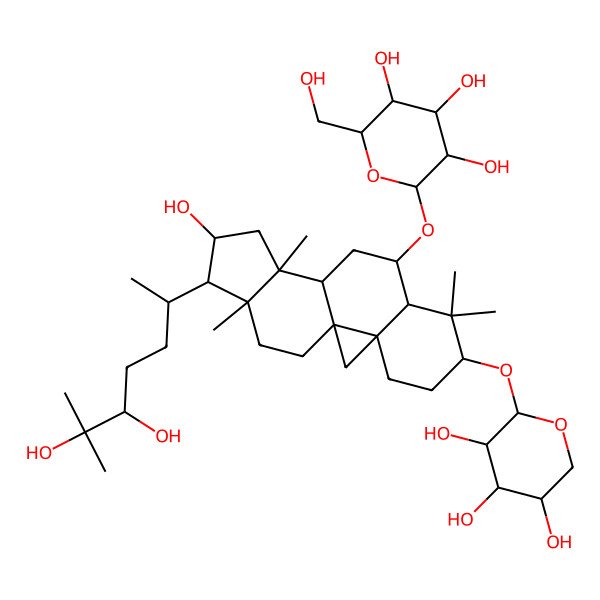 2D Structure of (2S,3S,4R,5S,6S)-2-[[(1S,3R,6R,8S,9S,11S,12S,14S,15S,16S)-15-[(2S,5S)-5,6-dihydroxy-6-methylheptan-2-yl]-14-hydroxy-7,7,12,16-tetramethyl-6-[(2S,3S,4S,5R)-3,4,5-trihydroxyoxan-2-yl]oxy-9-pentacyclo[9.7.0.01,3.03,8.012,16]octadecanyl]oxy]-6-(hydroxymethyl)oxane-3,4,5-triol