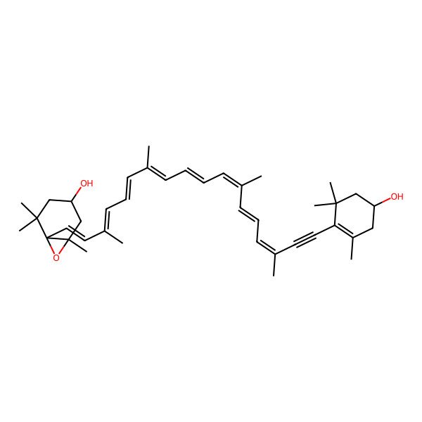 2D Structure of (1S,3S,6R)-6-[(1E,3E,5E,7E,9E,11E,13E,15E)-18-[(4R)-4-hydroxy-2,6,6-trimethylcyclohexen-1-yl]-3,7,12,16-tetramethyloctadeca-1,3,5,7,9,11,13,15-octaen-17-ynyl]-1,5,5-trimethyl-7-oxabicyclo[4.1.0]heptan-3-ol