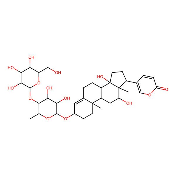 2D Structure of 5-[(3S,8R,9S,10R,12R,13S,14S,17R)-3-[(2R,3R,4R,5R,6S)-3,4-dihydroxy-6-methyl-5-[(2S,3R,4S,5S,6R)-3,4,5-trihydroxy-6-(hydroxymethyl)oxan-2-yl]oxyoxan-2-yl]oxy-12,14-dihydroxy-10,13-dimethyl-1,2,3,6,7,8,9,11,12,15,16,17-dodecahydrocyclopenta[a]phenanthren-17-yl]pyran-2-one