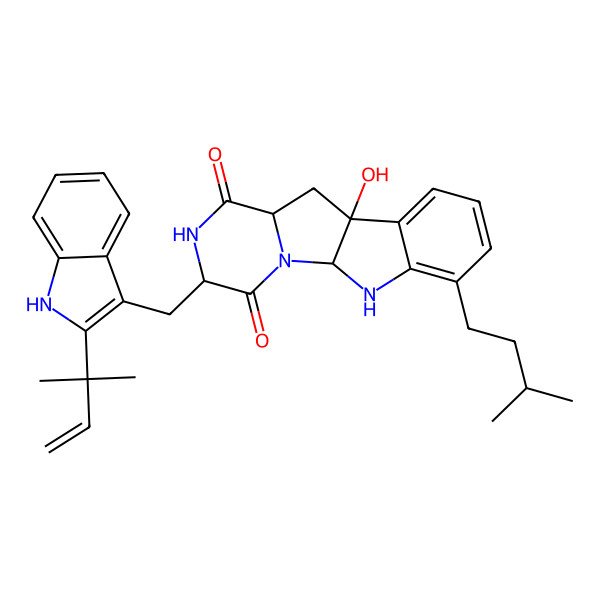 2D Structure of (1R,4S,7S,9S)-9-hydroxy-4-[[2-(2-methylbut-3-en-2-yl)-1H-indol-3-yl]methyl]-14-(3-methylbutyl)-2,5,16-triazatetracyclo[7.7.0.02,7.010,15]hexadeca-10,12,14-triene-3,6-dione