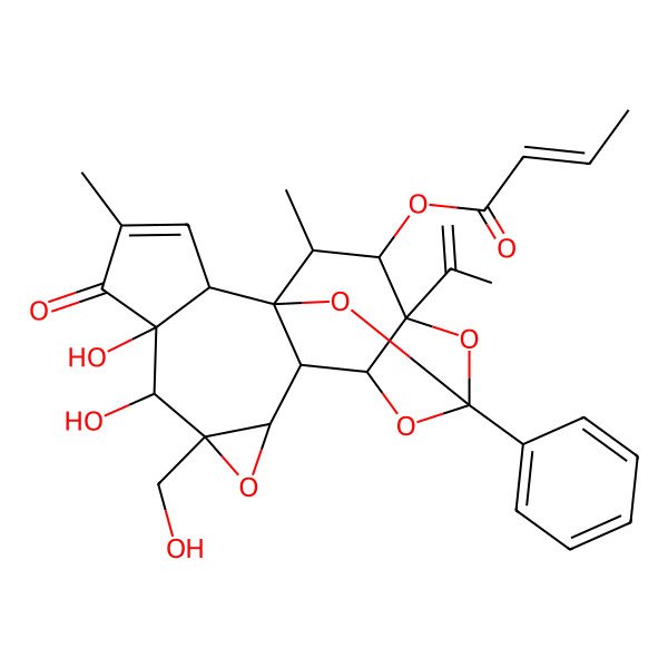 2D Structure of [6,7-Dihydroxy-8-(hydroxymethyl)-4,18-dimethyl-5-oxo-14-phenyl-16-prop-1-en-2-yl-9,13,15,19-tetraoxahexacyclo[12.4.1.01,11.02,6.08,10.012,16]nonadec-3-en-17-yl] but-2-enoate