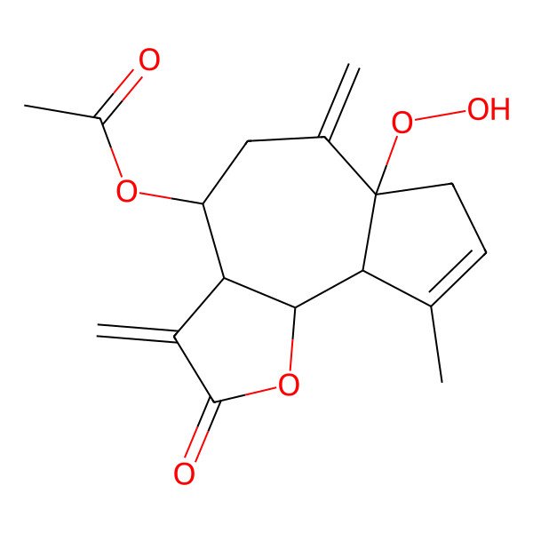 2D Structure of (6a-Hydroperoxy-9-methyl-3,6-dimethylidene-2-oxo-3a,4,5,7,9a,9b-hexahydroazuleno[4,5-b]furan-4-yl) acetate