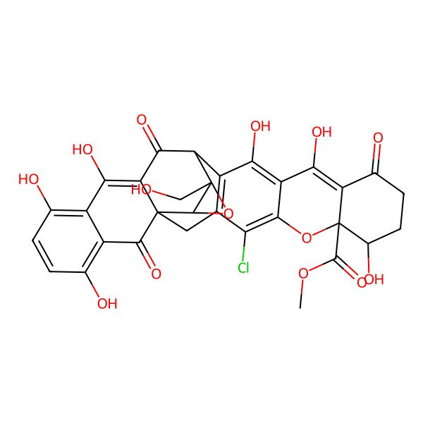 2D Structure of Methyl 4-chloro-8,13,15,20,22,25-hexahydroxy-30-(hydroxymethyl)-11,18,27-trioxo-6,29-dioxaoctacyclo[15.10.3.01,19.03,16.05,14.07,12.021,26.028,30]triaconta-3(16),4,12,14,19,21,23,25-octaene-7-carboxylate