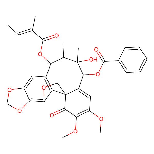 2D Structure of [14-Hydroxy-18,19-dimethoxy-13,14-dimethyl-12-(2-methylbut-2-enoyloxy)-20-oxo-3,6,8-trioxapentacyclo[9.9.1.01,16.04,21.05,9]henicosa-4(21),5(9),10,16,18-pentaen-15-yl] benzoate