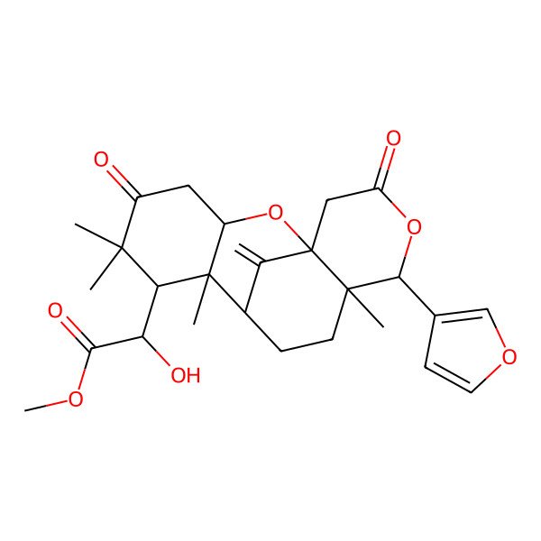 2D Structure of methyl (2R)-2-[(1R,3S,7R,8R,9R,12S,13R)-13-(furan-3-yl)-6,6,8,12-tetramethyl-17-methylidene-5,15-dioxo-2,14-dioxatetracyclo[7.7.1.01,12.03,8]heptadecan-7-yl]-2-hydroxyacetate
