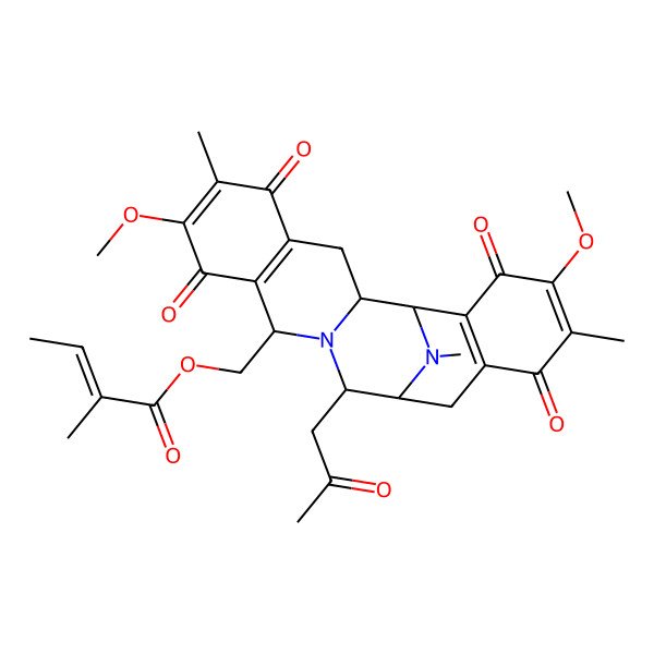 2D Structure of [(1R,2S,10R,12S,13S)-7,18-dimethoxy-6,17,21-trimethyl-5,8,16,19-tetraoxo-12-(2-oxopropyl)-11,21-diazapentacyclo[11.7.1.02,11.04,9.015,20]henicosa-4(9),6,15(20),17-tetraen-10-yl]methyl (Z)-2-methylbut-2-enoate