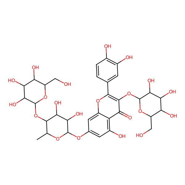 2D Structure of 7-[(2S,3R,4S,5R,6S)-3,4-dihydroxy-6-methyl-5-[(2S,3R,4S,5S,6R)-3,4,5-trihydroxy-6-(hydroxymethyl)oxan-2-yl]oxyoxan-2-yl]oxy-2-(3,4-dihydroxyphenyl)-5-hydroxy-3-[(2S,3R,4S,5R,6R)-3,4,5-trihydroxy-6-(hydroxymethyl)oxan-2-yl]oxychromen-4-one