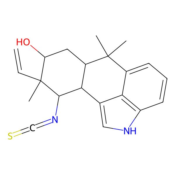 2D Structure of 4-Ethenyl-3-isothiocyanato-4,8,8-trimethyl-14-azatetracyclo[7.6.1.02,7.013,16]hexadeca-1(15),9(16),10,12-tetraen-5-ol