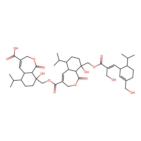 2D Structure of 9-Hydroxy-9-[[9-hydroxy-9-[[2-(hydroxymethyl)-3-[3-(hydroxymethyl)-6-propan-2-ylcyclohex-2-en-1-yl]prop-2-enoyl]oxymethyl]-1-oxo-6-propan-2-yl-3,5a,6,7,8,9a-hexahydro-2-benzoxepine-4-carbonyl]oxymethyl]-1-oxo-6-propan-2-yl-3,5a,6,7,8,9a-hexahydro-2-benzoxepine-4-carboxylic acid
