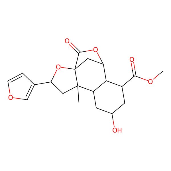 2D Structure of methyl (1S,3R,5S,6R,8R,10R,11S,12S)-3-(furan-3-yl)-8-hydroxy-5-methyl-14-oxo-2,13-dioxatetracyclo[10.2.1.01,5.06,11]pentadecane-10-carboxylate