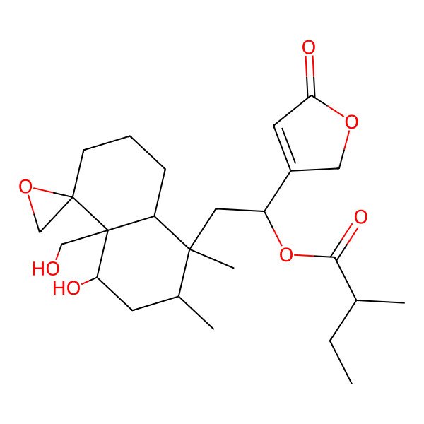 2D Structure of [2-[4-hydroxy-4a-(hydroxymethyl)-1,2-dimethylspiro[3,4,6,7,8,8a-hexahydro-2H-naphthalene-5,2'-oxirane]-1-yl]-1-(5-oxo-2H-furan-3-yl)ethyl] 2-methylbutanoate