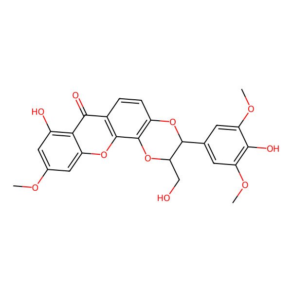 2D Structure of (2S,3S)-8-hydroxy-3-(4-hydroxy-3,5-dimethoxyphenyl)-2-(hydroxymethyl)-10-methoxy-2,3-dihydro-[1,4]dioxino[2,3-c]xanthen-7-one
