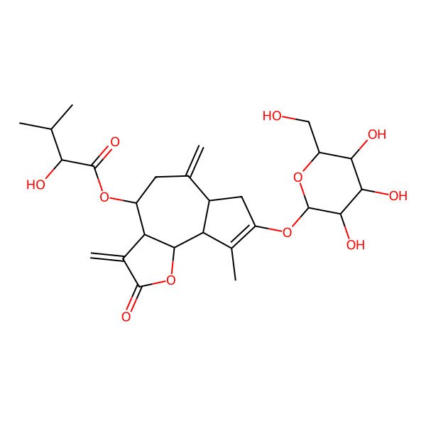 2D Structure of [(3aR,4R,6aR,9aR,9bR)-9-methyl-3,6-dimethylidene-2-oxo-8-[(2S,3R,4S,5S,6R)-3,4,5-trihydroxy-6-(hydroxymethyl)oxan-2-yl]oxy-4,5,6a,7,9a,9b-hexahydro-3aH-azuleno[4,5-b]furan-4-yl] (2R)-2-hydroxy-3-methylbutanoate