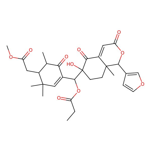 2D Structure of [[1-(furan-3-yl)-6-hydroxy-8a-methyl-3,5-dioxo-7,8-dihydro-1H-isochromen-6-yl]-[4-(2-methoxy-2-oxoethyl)-3,3,5-trimethyl-6-oxocyclohexen-1-yl]methyl] propanoate