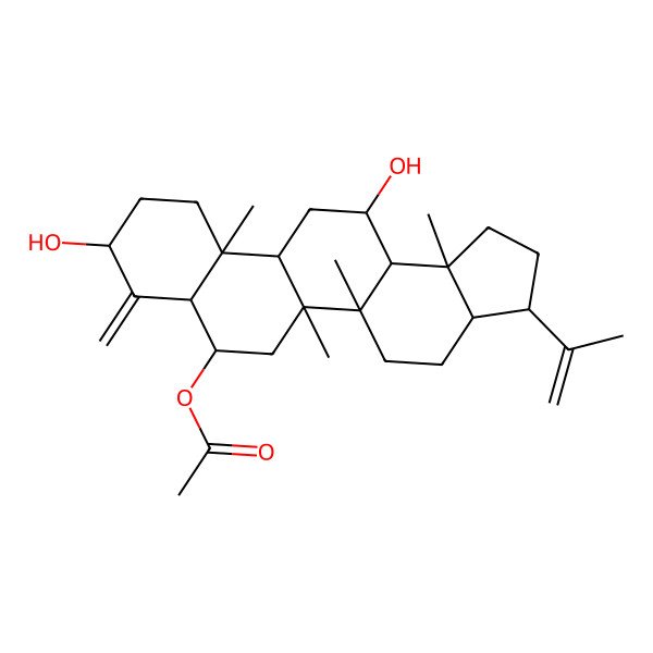 2D Structure of (9,13-Dihydroxy-5a,5b,11a,13b-tetramethyl-8-methylidene-3-prop-1-en-2-yl-1,2,3,3a,4,5,6,7,7a,9,10,11,11b,12,13,13a-hexadecahydrocyclopenta[a]chrysen-7-yl) acetate