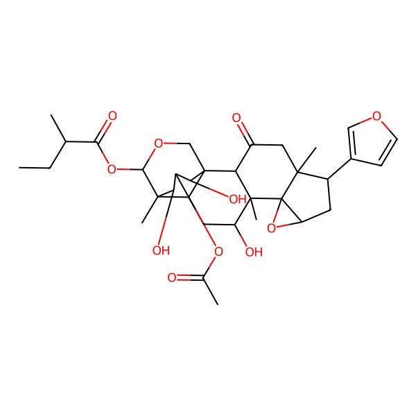 2D Structure of [(1S,2R,5S,6S,8R,10R,11S,12R,14R,15R,16R,19R,20R,21S)-20-acetyloxy-6-(furan-3-yl)-12,19,21-trihydroxy-5,11,15-trimethyl-3-oxo-9,17-dioxahexacyclo[13.3.3.01,14.02,11.05,10.08,10]henicosan-16-yl] (2R)-2-methylbutanoate