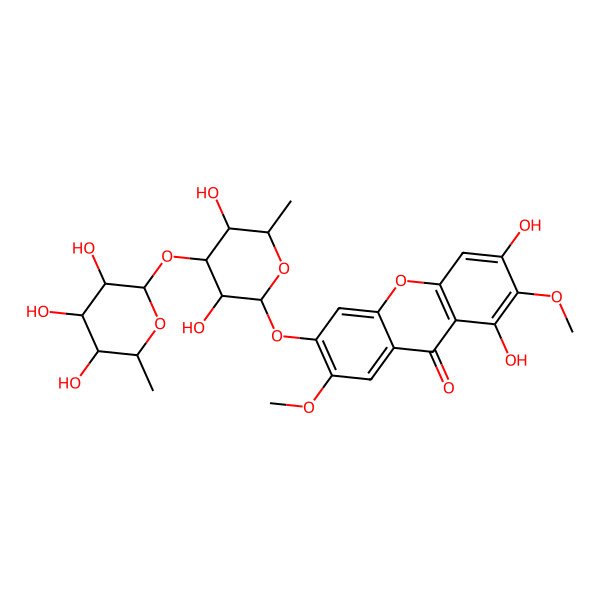 2D Structure of 6-[(2S,3R,4R,5S,6S)-3,5-dihydroxy-6-methyl-4-[(2S,3R,4R,5R,6S)-3,4,5-trihydroxy-6-methyloxan-2-yl]oxyoxan-2-yl]oxy-1,3-dihydroxy-2,7-dimethoxyxanthen-9-one