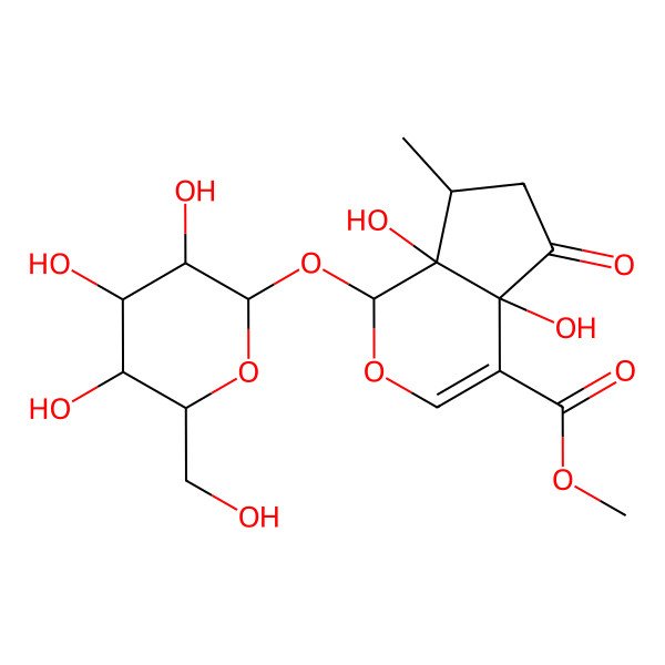 2D Structure of methyl (1S,4aS,7R,7aS)-4a,7a-dihydroxy-7-methyl-5-oxo-1-[(2S,3R,4S,5S,6R)-3,4,5-trihydroxy-6-(hydroxymethyl)oxan-2-yl]oxy-6,7-dihydro-1H-cyclopenta[c]pyran-4-carboxylate