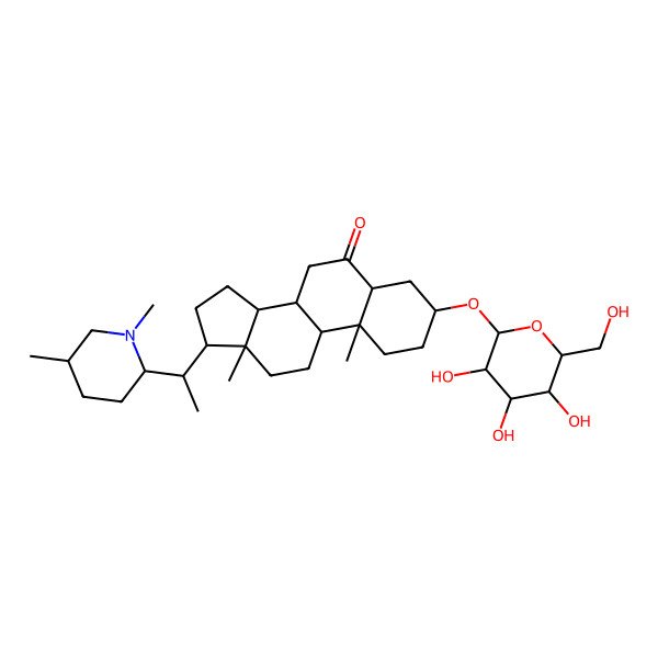 2D Structure of (3S,5S,8S,9S,10R,13R,14S,17R)-17-[(1S)-1-[(2R,5S)-1,5-dimethylpiperidin-2-yl]ethyl]-10,13-dimethyl-3-[(2R,3R,4S,5S,6R)-3,4,5-trihydroxy-6-(hydroxymethyl)oxan-2-yl]oxy-1,2,3,4,5,7,8,9,11,12,14,15,16,17-tetradecahydrocyclopenta[a]phenanthren-6-one