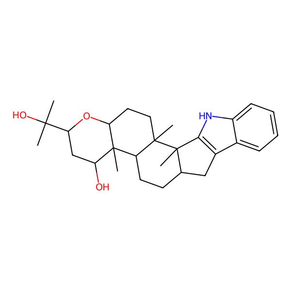 2D Structure of (1R,2R,5R,7R,9R,10S,11S,14S)-7-(2-hydroxypropan-2-yl)-1,2,10-trimethyl-6-oxa-23-azahexacyclo[12.10.0.02,11.05,10.016,24.017,22]tetracosa-16(24),17,19,21-tetraen-9-ol