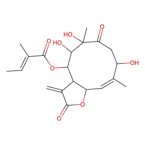 2D Structure of [(3aS,4S,5S,6S,9S,10E,11aR)-5,6,9-trihydroxy-6,10-dimethyl-3-methylidene-2,7-dioxo-3a,4,5,8,9,11a-hexahydrocyclodeca[b]furan-4-yl] (E)-2-methylbut-2-enoate