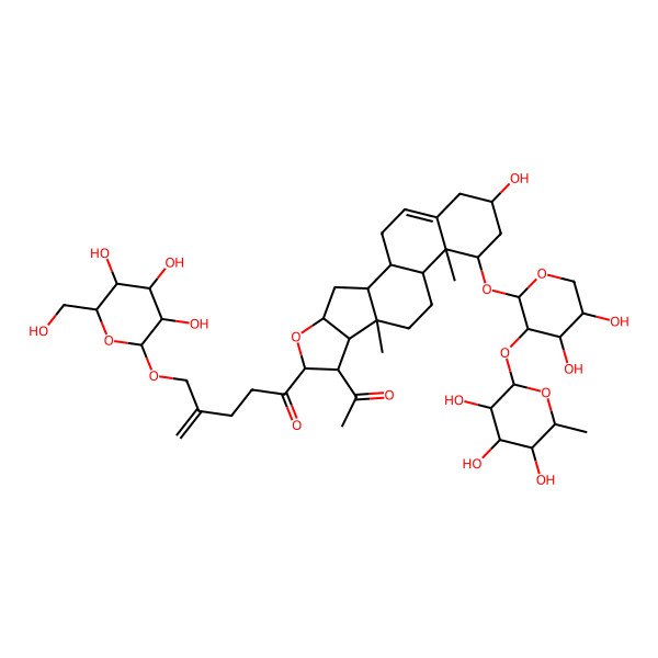 2D Structure of 1-[(1S,2S,4S,6S,7R,8R,9S,12S,13R,14R,16R)-7-acetyl-14-[(2S,3R,4S,5S)-4,5-dihydroxy-3-[(2S,3R,4R,5R,6S)-3,4,5-trihydroxy-6-methyloxan-2-yl]oxyoxan-2-yl]oxy-16-hydroxy-9,13-dimethyl-5-oxapentacyclo[10.8.0.02,9.04,8.013,18]icos-18-en-6-yl]-4-[[(2R,3R,4S,5S,6R)-3,4,5-trihydroxy-6-(hydroxymethyl)oxan-2-yl]oxymethyl]pent-4-en-1-one
