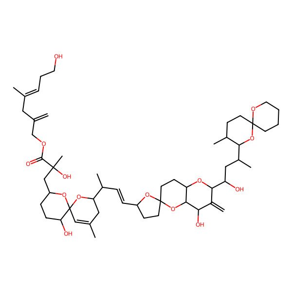 2D Structure of [(E)-7-hydroxy-4-methyl-2-methylidenehept-4-enyl] (2R)-3-[(2S,6S,8S,11R)-2-[(E,2R)-4-[(2S,2'R,4R,4aS,6R,8aR)-4-hydroxy-2-[(1S,3S)-1-hydroxy-3-[(2S,3R,6S)-3-methyl-1,7-dioxaspiro[5.5]undecan-2-yl]butyl]-3-methylidenespiro[4a,7,8,8a-tetrahydro-4H-pyrano[3,2-b]pyran-6,5'-oxolane]-2'-yl]but-3-en-2-yl]-11-hydroxy-4-methyl-1,7-dioxaspiro[5.5]undec-4-en-8-yl]-2-hydroxy-2-methylpropanoate