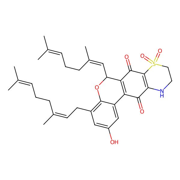 2D Structure of 6-(2,6-Dimethylhepta-1,5-dienyl)-4-(3,7-dimethylocta-2,6-dienyl)-2-hydroxy-8,8-dioxo-6,9,10,11-tetrahydrochromeno[4,3-g][1,4]benzothiazine-7,12-dione