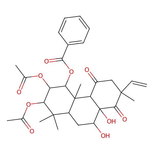 2D Structure of (2,3-Diacetyloxy-7-ethenyl-8a,9-dihydroxy-1,1,4a,7-tetramethyl-5,8-dioxo-2,3,4,4b,6,9,10,10a-octahydrophenanthren-4-yl) benzoate